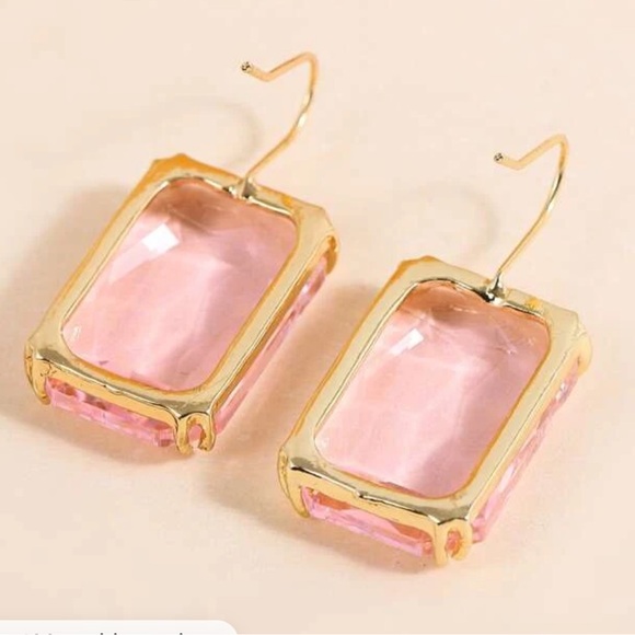 Pink Gemstone Charm Emerald Cut Bohemian Gold tone Earrings - Picture 5 of 5